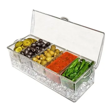 Ice Chilled 5 Compartment Condiment Server Caddy - Serving Tray Container with 5 Removable Dishes with Over 2 Cup Capacity Each and Hinged Lid | 3 Serving Spoons + 3 Tongs Included