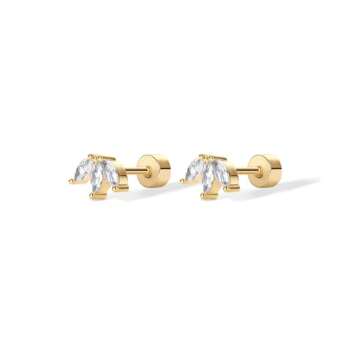 PAVOI 14K Yellow Gold Plated Sterling Silver Post Navette CZ Flat Back Earrings for Women | Small Cartilage Cubic Zirconia Stud Earring | Helix Piercing Jewelry