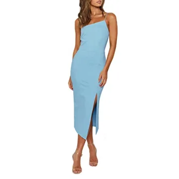 LYANER Women's Spaghetti Straps Split Slit Hem Sleeveless Zipper Bodycon Midi Dress Light Blue Medium