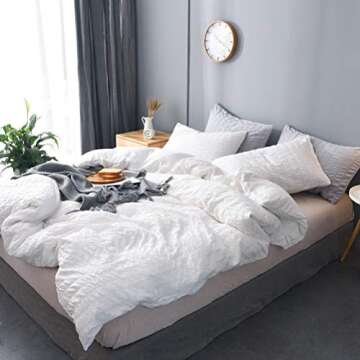 M&Meagle 3 Pieces Textured Duvet Cover White Set with Zipper Closure,100% Washed Microfiber Seersucker Fabric,Luxury Hotel Quality Bedding-King Size(1 Duvet Cover 2 Pillowcases)