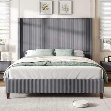 AMERLIFE King Size 62" Corduroy Upholstered Bed Frame, Luxurious Platform Bed with Extra Tall Wingback Headboard and Vertical Stripe, No Box Spring Needed/Solid Wood Slats & Legs/Grey