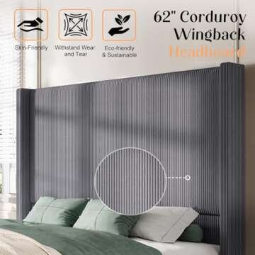 AMERLIFE King Size 62" Corduroy Upholstered Bed Frame, Luxurious Platform Bed with Extra Tall Wingback Headboard and Vertical Stripe, No Box Spring Needed/Solid Wood Slats & Legs/Grey