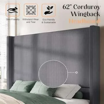 AMERLIFE King Size 62" Corduroy Upholstered Bed Frame, Luxurious Platform Bed with Extra Tall Wingback Headboard and Vertical Stripe, No Box Spring Needed/Solid Wood Slats & Legs/Grey