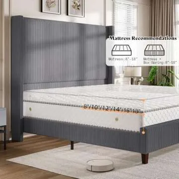 AMERLIFE King Size 62" Corduroy Upholstered Bed Frame, Luxurious Platform Bed with Extra Tall Wingback Headboard and Vertical Stripe, No Box Spring Needed/Solid Wood Slats & Legs/Grey