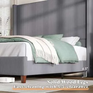 AMERLIFE King Size 62" Corduroy Upholstered Bed Frame, Luxurious Platform Bed with Extra Tall Wingback Headboard and Vertical Stripe, No Box Spring Needed/Solid Wood Slats & Legs/Grey