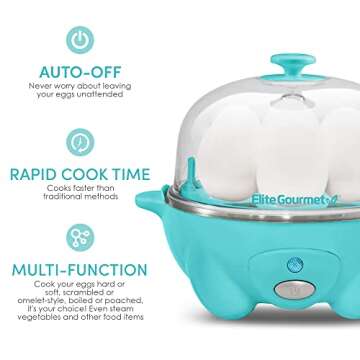 Elite Gourmet Easy Electric 7 Egg Capacity Soft, Medium, Hard-Boiled Cooker Poacher, Scrambled, Omelet Maker with Auto Shut-Off and Buzzer, BPA Free