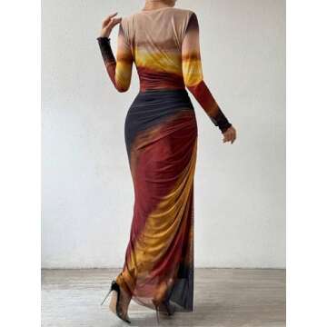 MARZXIN Womens Long Sleeve Maxi Dress Bodycon Ruched Natural Slim Fit Tie Dye Dress Cocktail Dresses...