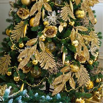 40 Pieces Gold Glittered Artificial Leaf Spray Picks 12" Tall for Christmas Winter Wedding Wreath Tree Swag Floral Arrangment Vase Bouquets Table Centerpieces Decoration