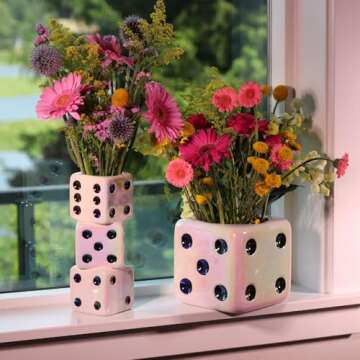 Reimagine Discovery Iridescent Triple Dice Vase, Maximalist Home Decor Ceramic Flower Vase, Iridescent Desk Accessories for Office, Bar Cart Or Vanity, Unique & Trendy Holographic Decor