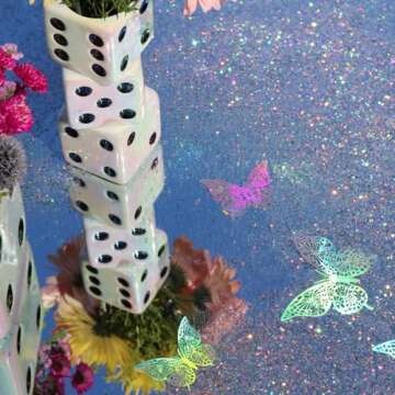 Reimagine Discovery Iridescent Triple Dice Vase, Maximalist Home Decor Ceramic Flower Vase, Iridescent Desk Accessories for Office, Bar Cart Or Vanity, Unique & Trendy Holographic Decor