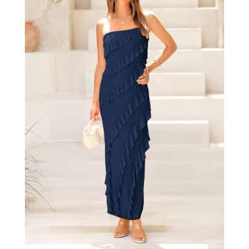 BTFBM Women's Strapless Ruffle Maxi Cocktail Dress