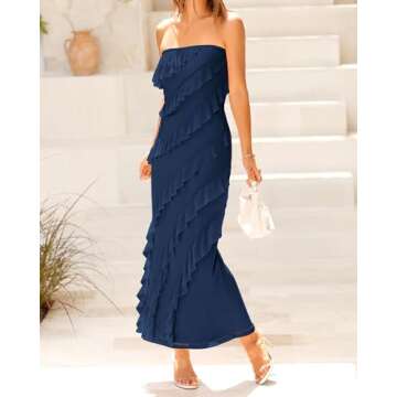 BTFBM Women's Strapless Ruffle Maxi Cocktail Dress