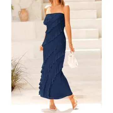 BTFBM Women's Strapless Ruffle Maxi Cocktail Dress