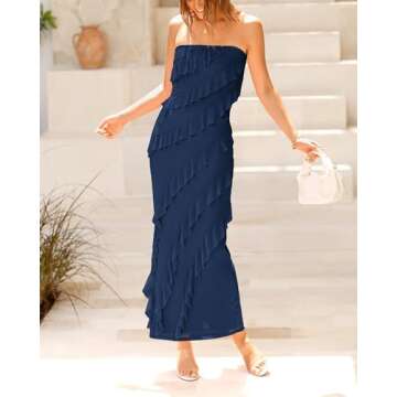 BTFBM Women's Strapless Ruffle Maxi Cocktail Dress