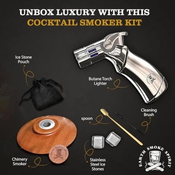 EARTH SMOKE SPIRIT Cocktail Smoker Kit - Old Fashioned Bourbon & Whiskey Drink Smoker Set with 5" Smoke Top, Stainless Steel Torch & Whiskey Stones - Unique Gift for Bourbon & Whiskey Lovers (No Butane)