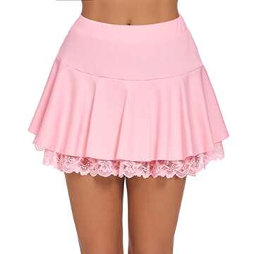 Avidlove Pleated Mini Skirts for Women Lace Ruffle Short Skirt Lingerie Schoolgirl Skirt(Pink,S)