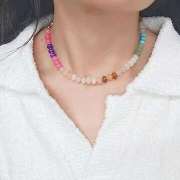 KOFISNI Natural Stone Beaded Necklace for Women Boho Handmade Beaded Necklace Colorful Beads Choker ...