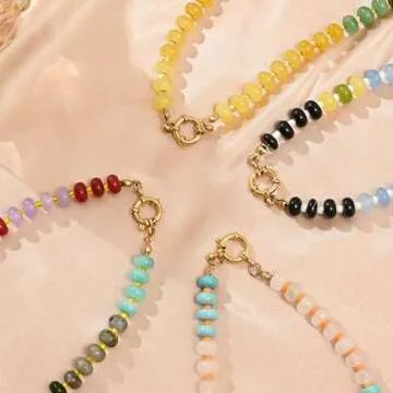 KOFISNI Natural Stone Beaded Necklace for Women Boho Handmade Beaded Necklace Colorful Beads Choker Necklace 14K Gold Plated Circular Buckle Surfer Beach Necklace Summer Jewelry Gift (Purple)