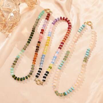 KOFISNI Natural Stone Beaded Necklace for Women Boho Handmade Beaded Necklace Colorful Beads Choker Necklace 14K Gold Plated Circular Buckle Surfer Beach Necklace Summer Jewelry Gift (Purple)