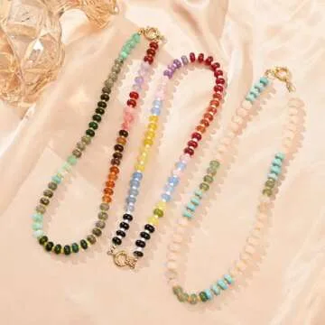 KOFISNI Natural Stone Beaded Necklace for Women Boho Handmade Beaded Necklace Colorful Beads Choker Necklace 14K Gold Plated Circular Buckle Surfer Beach Necklace Summer Jewelry Gift (Purple)