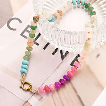 KOFISNI Natural Stone Beaded Necklace for Women Boho Handmade Beaded Necklace Colorful Beads Choker Necklace 14K Gold Plated Circular Buckle Surfer Beach Necklace Summer Jewelry Gift (Purple)