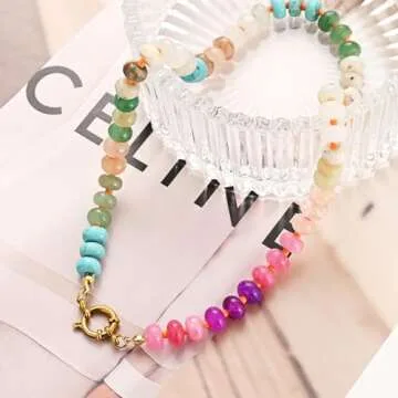 KOFISNI Natural Stone Beaded Necklace for Women Boho Handmade Beaded Necklace Colorful Beads Choker Necklace 14K Gold Plated Circular Buckle Surfer Beach Necklace Summer Jewelry Gift (Purple)