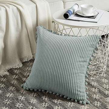 Fancy Homi Pack of 2 Farmhouse Decorative Throw Pillow Covers with Pom-poms, Soft Corduroy Solid Squ...