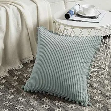 Fancy Homi Pack of 2 Farmhouse Decorative Throw Pillow Covers with Pom-poms, Soft Corduroy Solid Squ...