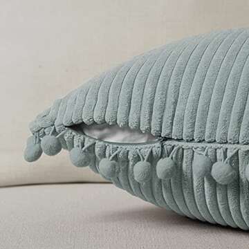 Fancy Homi Pack of 2 Farmhouse Decorative Throw Pillow Covers with Pom-poms, Soft Corduroy Solid Square Cushion Cases Set for Couch Sofa Bedroom Car Living Room (18x18 Inch/45x45 cm, Grey Blue)