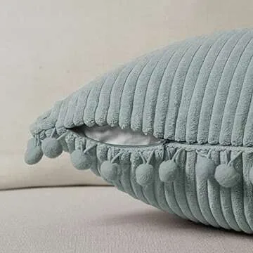 Fancy Homi Pack of 2 Farmhouse Decorative Throw Pillow Covers with Pom-poms, Soft Corduroy Solid Square Cushion Cases Set for Couch Sofa Bedroom Car Living Room (18x18 Inch/45x45 cm, Grey Blue)