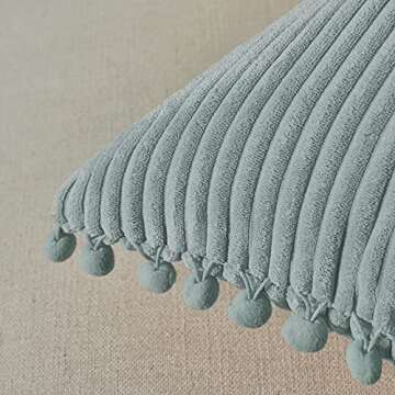 Fancy Homi Pack of 2 Farmhouse Decorative Throw Pillow Covers with Pom-poms, Soft Corduroy Solid Square Cushion Cases Set for Couch Sofa Bedroom Car Living Room (18x18 Inch/45x45 cm, Grey Blue)