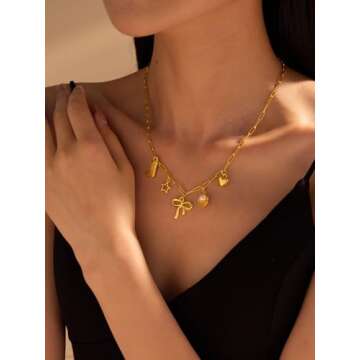 Charm Necklace for Women Summer Beachy Seashell Necklaces Dainty Gold Paperclip Chain Necklace Trendy Heart Star Bow Shell Charm Necklaces Beach Jewelry for Women Summer Vacation