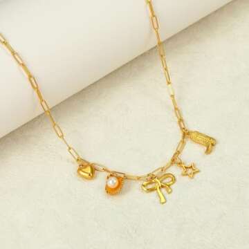 Charm Necklace for Women Summer Beachy Seashell Necklaces Dainty Gold Paperclip Chain Necklace Trendy Heart Star Bow Shell Charm Necklaces Beach Jewelry for Women Summer Vacation