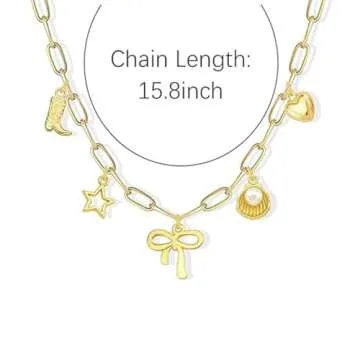 Charm Necklace for Women Summer Beachy Seashell Necklaces Dainty Gold Paperclip Chain Necklace Trendy Heart Star Bow Shell Charm Necklaces Beach Jewelry for Women Summer Vacation