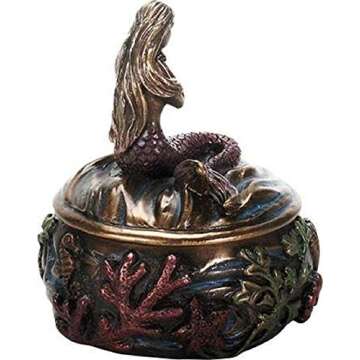 SUMMIT COLLECTION Decorative Art Nouveau Style Sirens of The Sea Mermaid Holding Hand Over Chest Praying Mermaid Fantasy Resin Jewelry Trinket Box 3.25 Inch Tall Faux Bronze