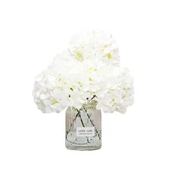 DuHouse Artificial Bigger Silk Hydrangea Flower Heads with Stem Fake White Hydrangea Flowers for Wedding Home Garden Centerpiece Pack of 6