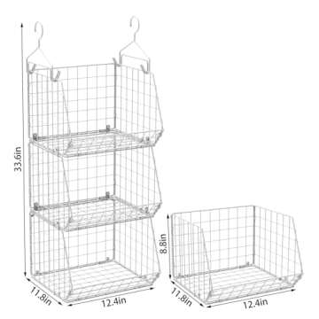 X-cosrack 3 Tier Foldable Closet Organizer, Clothes Shelves with 5 S Hooks, Wall Mount&Cabinet Wire Storage Basket Bins, for Clothing Sweaters Shoes Handbags Clutches Accessories-White Patent Design
