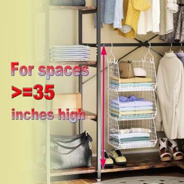 X-cosrack 3 Tier Foldable Closet Organizer, Clothes Shelves with 5 S Hooks, Wall Mount&Cabinet Wire Storage Basket Bins, for Clothing Sweaters Shoes Handbags Clutches Accessories-White Patent Design