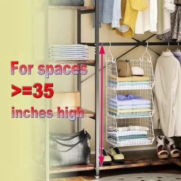 X-cosrack 3 Tier Foldable Closet Organizer, Clothes Shelves with 5 S Hooks, Wall Mount&Cabinet Wire Storage Basket Bins, for Clothing Sweaters Shoes Handbags Clutches Accessories-White Patent Design