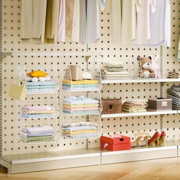 X-cosrack 3 Tier Foldable Closet Organizer, Clothes Shelves with 5 S Hooks, Wall Mount&Cabinet Wire Storage Basket Bins, for Clothing Sweaters Shoes Handbags Clutches Accessories-White Patent Design