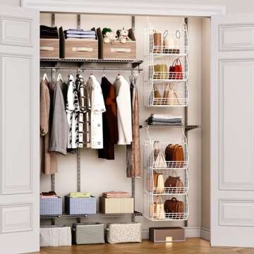 X-cosrack 3 Tier Foldable Closet Organizer, Clothes Shelves with 5 S Hooks, Wall Mount&Cabinet Wire Storage Basket Bins, for Clothing Sweaters Shoes Handbags Clutches Accessories-White Patent Design