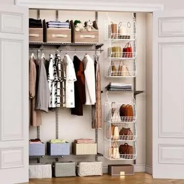 X-cosrack 3 Tier Foldable Closet Organizer, Clothes Shelves with 5 S Hooks, Wall Mount&Cabinet Wire Storage Basket Bins, for Clothing Sweaters Shoes Handbags Clutches Accessories-White Patent Design