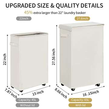 Chrislley 65L Slim Laundry Hamper with Lid - Upgrade to Portable Rolling Storage