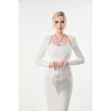 UMREN Women Luxury Heart Shape Tassel Evening Clutch Bag Rhinestones Wedding Party Purse Handbag Sil...