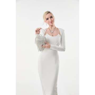 UMREN Women Luxury Heart Shape Tassel Evening Clutch Bag Rhinestones Wedding Party Purse Handbag Silver 1