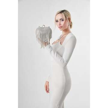 UMREN Women Luxury Heart Shape Tassel Evening Clutch Bag Rhinestones Wedding Party Purse Handbag Silver 1