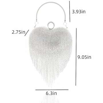 UMREN Women Luxury Heart Shape Tassel Evening Clutch Bag Rhinestones Wedding Party Purse Handbag Silver 1