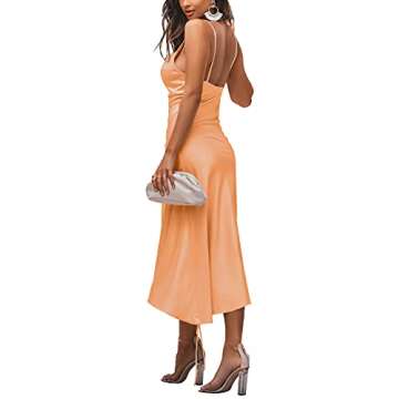 LYANER Women's Satin Spaghetti Straps Sexy Ruch Cowl Neck Cocktail Midi Dresses Light Orange Large
