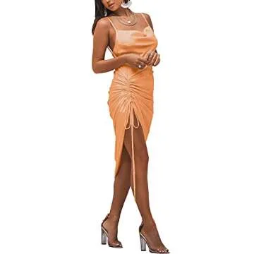 LYANER Women's Satin Spaghetti Straps Sexy Ruch Cowl Neck Cocktail Midi Dresses Light Orange Large