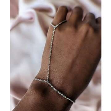 Faire de la Mode Silver Bracelet Ring Hand Chain for 4-9 Ring Sizes – Non-Tarnish & Hypoallergenic Rhodium-Plated Hand Chain Bracelet for Women – 6" to 8" Adjustable Length